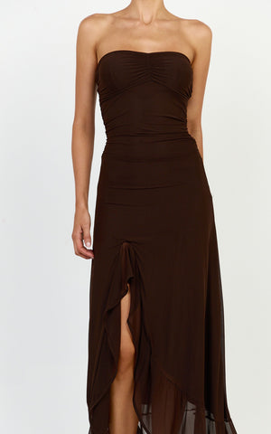 Oceana Maxi Dress - Strapless Sweetheart Neckline Mesh Dress in Chocolate