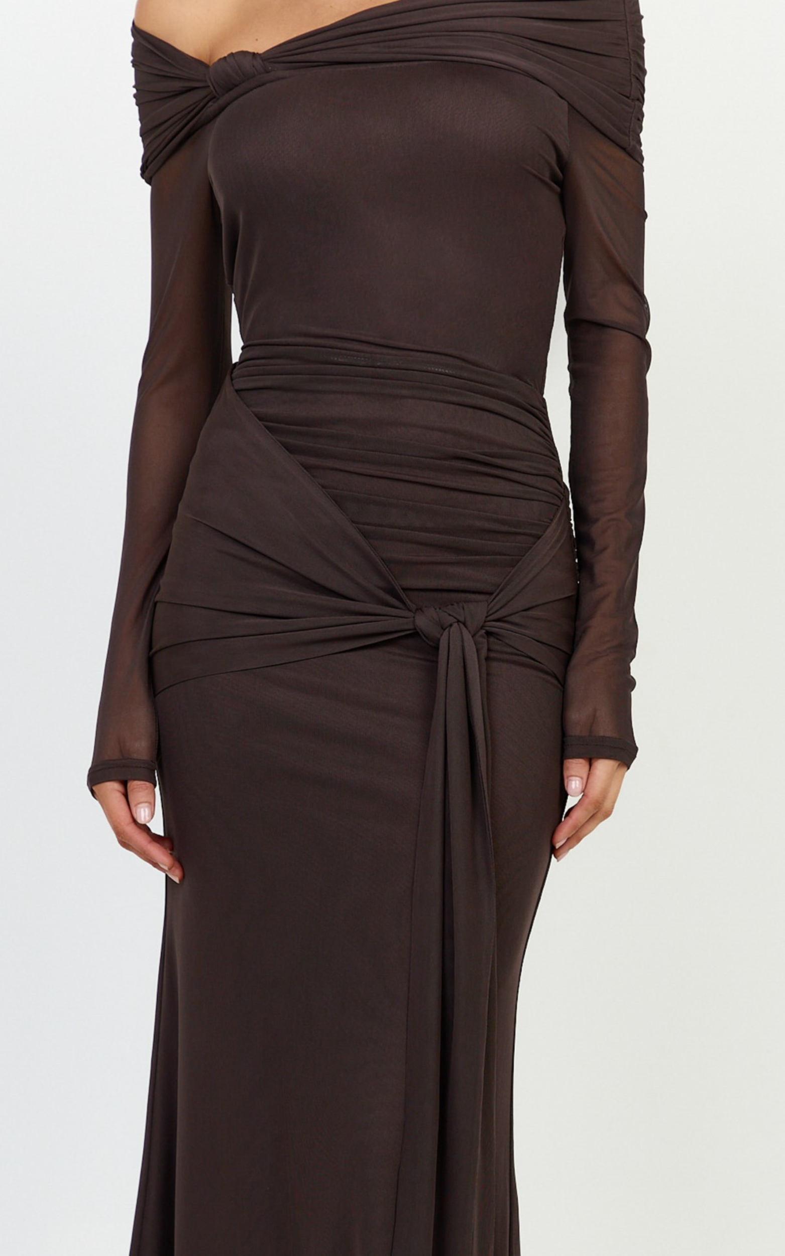 Waverly Maxi Dress - Long Sleeve Off Shoulder Dress in Chocolate