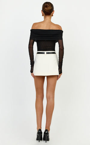 Jaythen Bodysuit - Long Sleeve Off Shoulder Ruched Mesh Bodysuit in Black