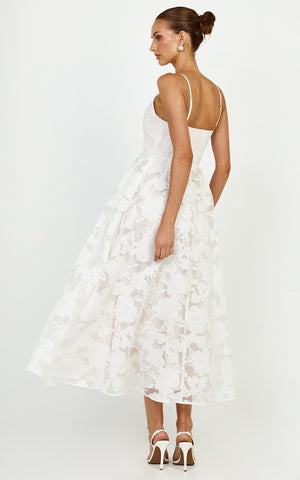 Philine Midi Dress - Jacquard Plunge Fit and Flare Dress in White