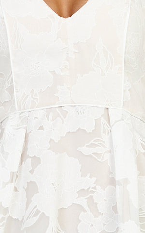 Philine Midi Dress - Jacquard Plunge Fit and Flare Dress in White