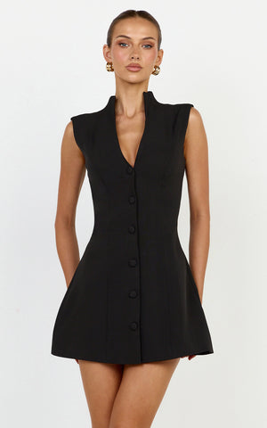 Jacinta Mini Dress - Sleeveless Button Front Tulip Dress in Black