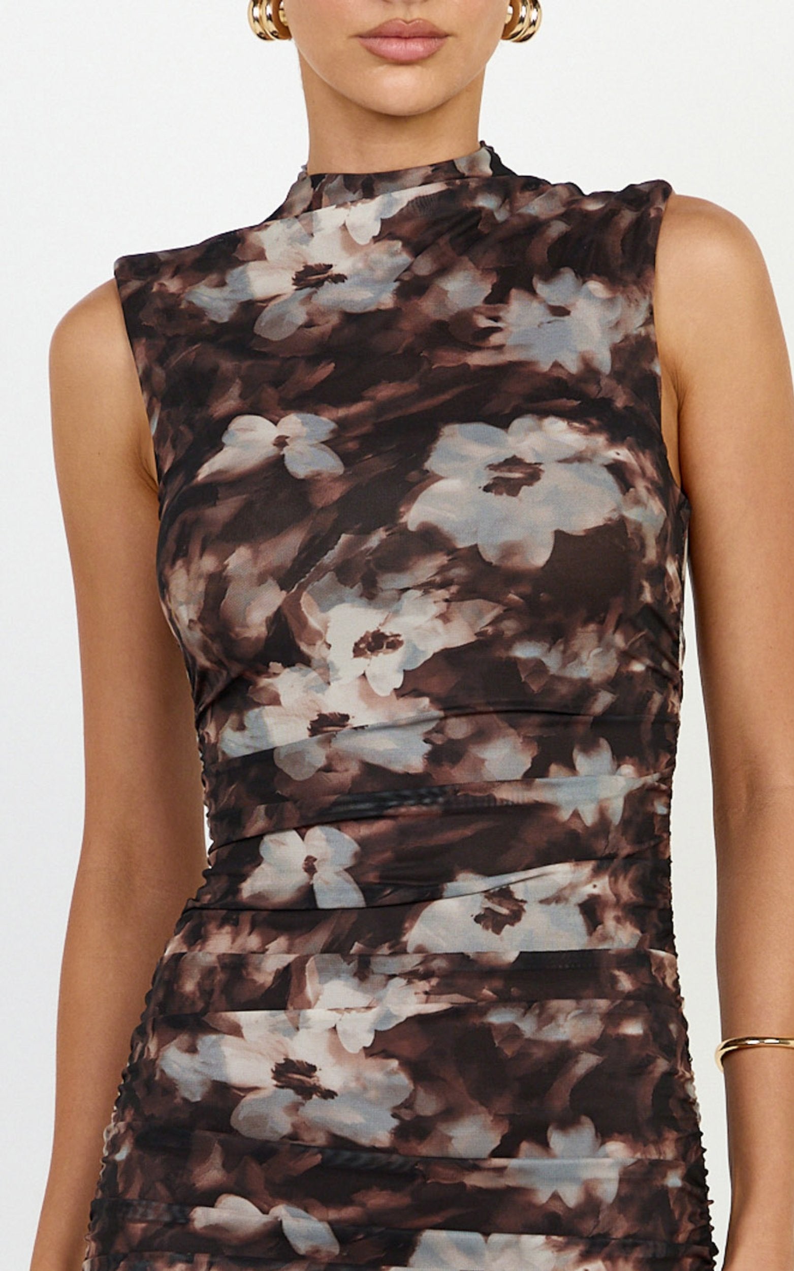 Maeve Mini Dress - High Neck Sleeveless Ruched Detail Dress in Brown