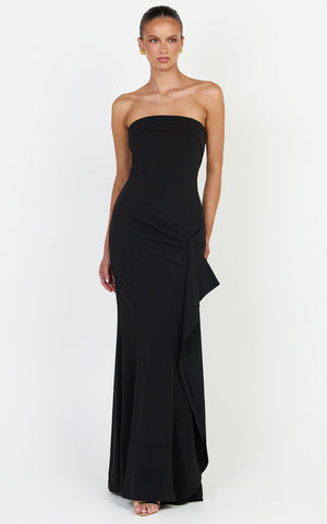 Leda Maxi Dress - Strapless Waterfall Sash Dress in Black