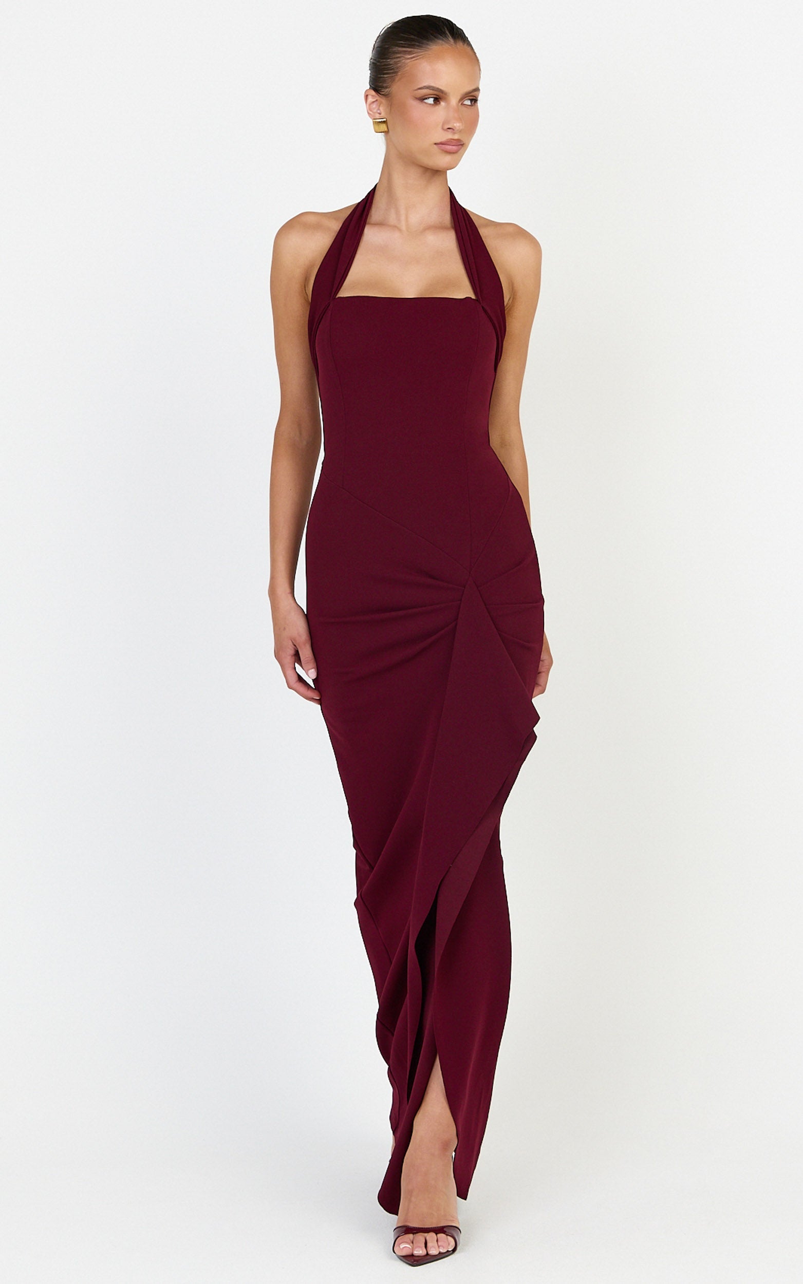 Lyra Maxi Dress - Halter Neck Waterfall Sash Dress in Wine