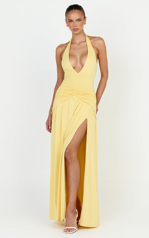 Phoenix Maxi Dress - Halter Neck Gold Trim Jersey Dress in Yellow