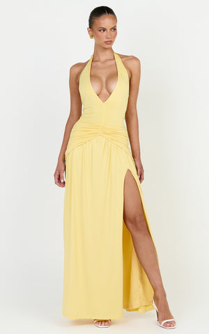 Phoenix Maxi Dress - Halter Neck Gold Trim Jersey Dress in Yellow