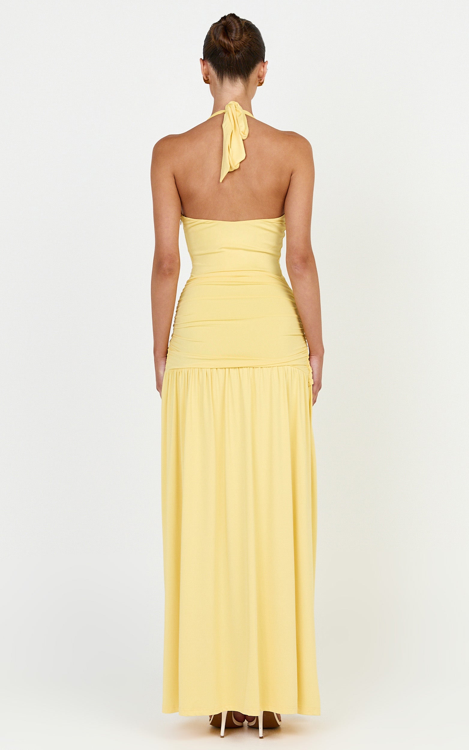 Phoenix Maxi Dress - Halter Neck Gold Trim Jersey Dress in Yellow