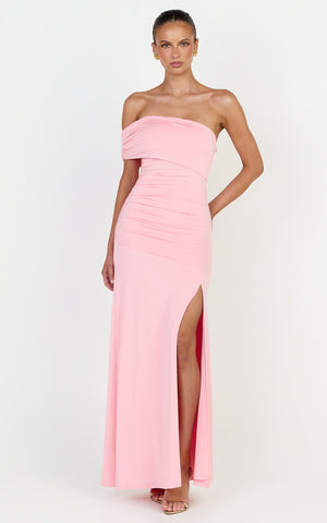 Opal Maxi Dress - Off Shoulder Gathered Bodice Fit And Flare Dress in Pink