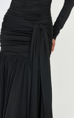 Amaya Maxi Dress - Off Shoulder Draped Long Sleeve Dress in Black
