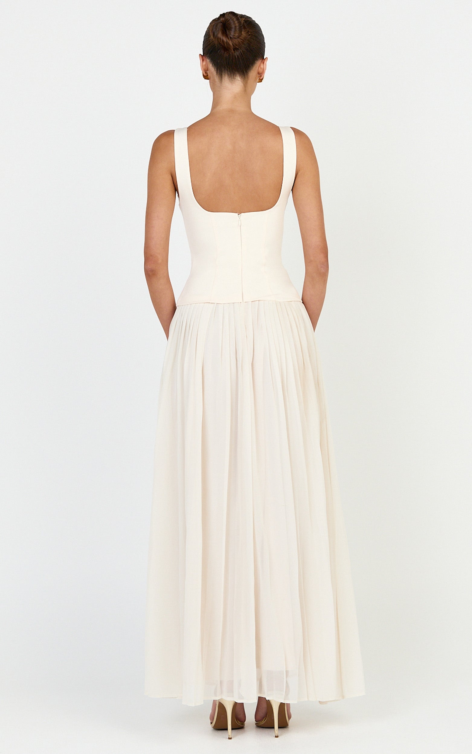 Amoura Maxi Dress - Square Neck Contrast Pleated Georgette Dress in Cream