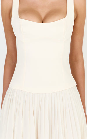 Amoura Maxi Dress - Square Neck Contrast Pleated Georgette Dress in Cream