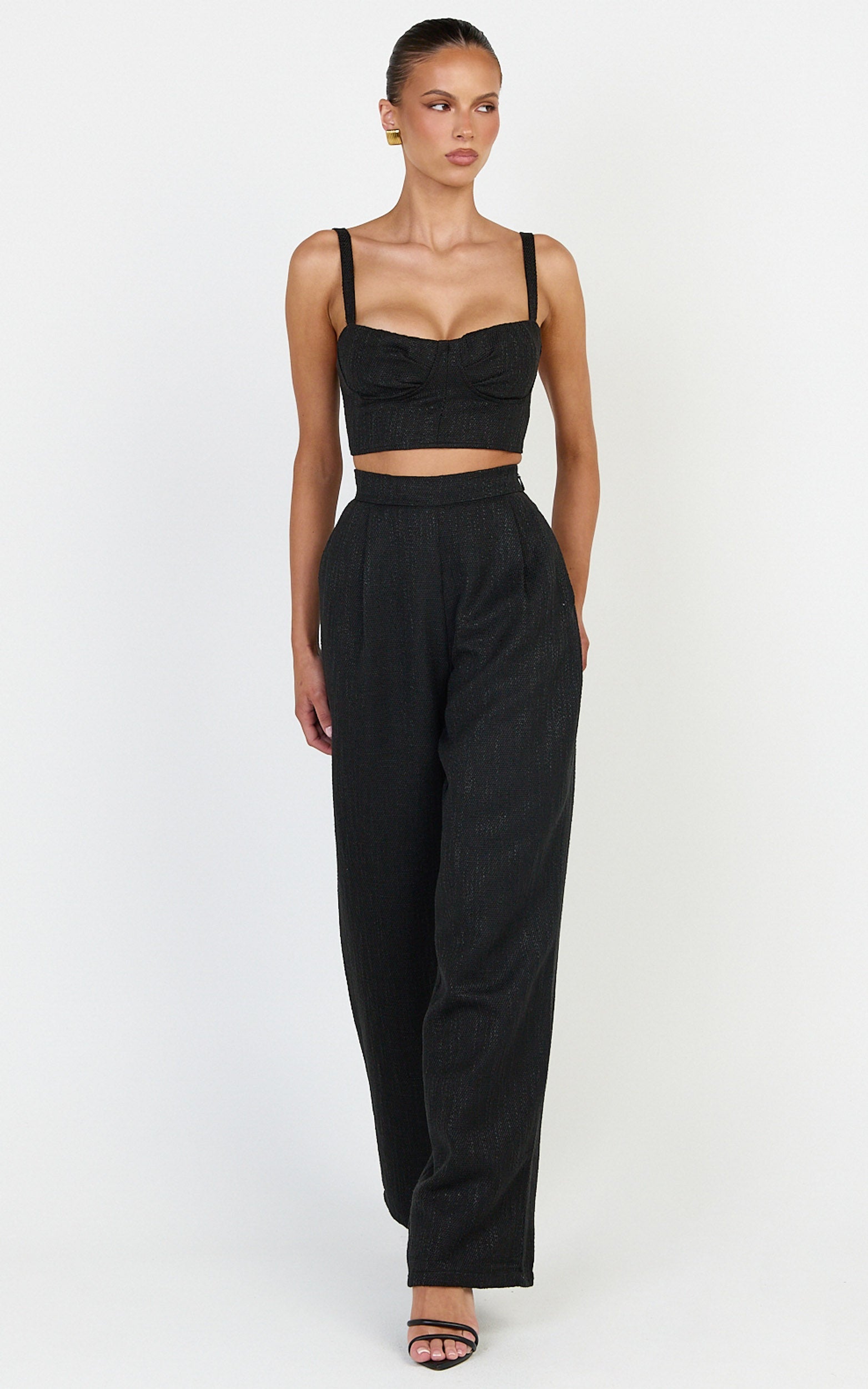 Sylvia Two Piece Set - Corset Top and High Waisted Wide Leg Pants Set in Black