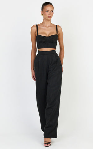 Sylvia Two Piece Set - Corset Top and High Waisted Wide Leg Pants Set in Black
