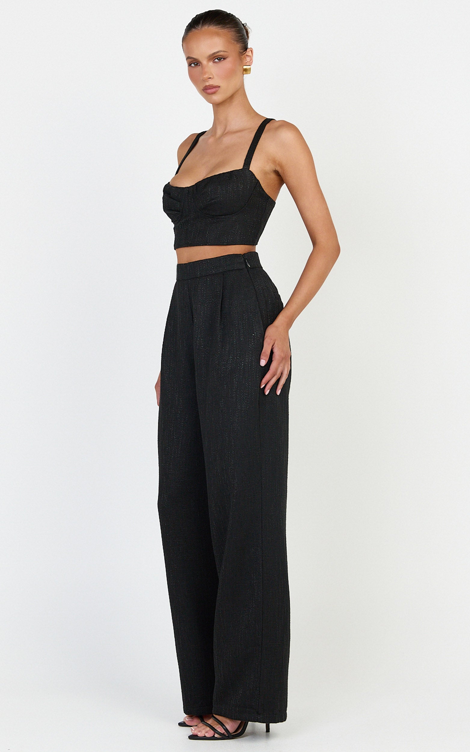 Sylvia Two Piece Set - Corset Top and High Waisted Wide Leg Pants Set in Black
