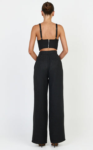 Sylvia Two Piece Set - Corset Top and High Waisted Wide Leg Pants Set in Black