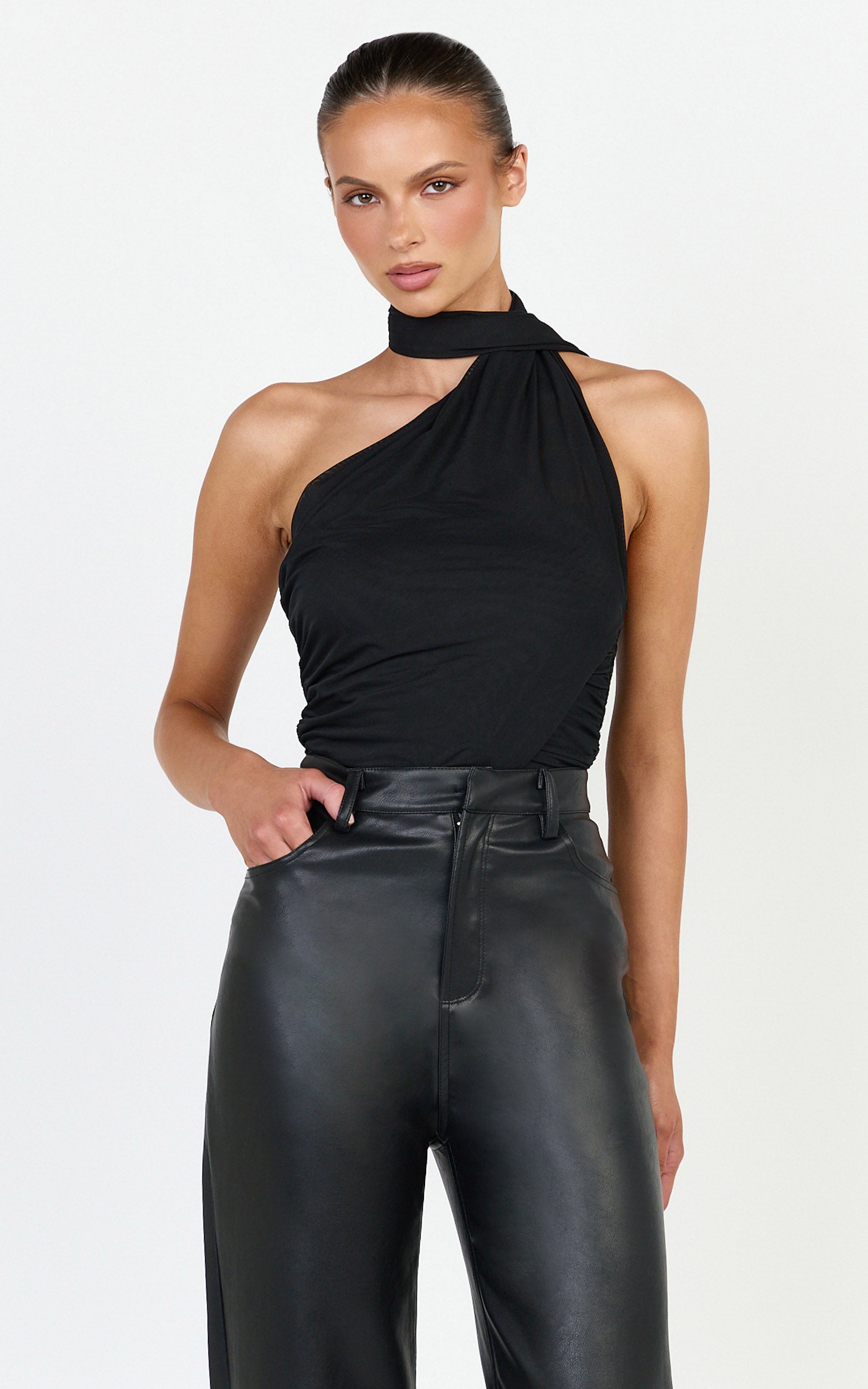 Lucienne Bodysuit - One Shoulder Draped Scarf Bodysuit in Black