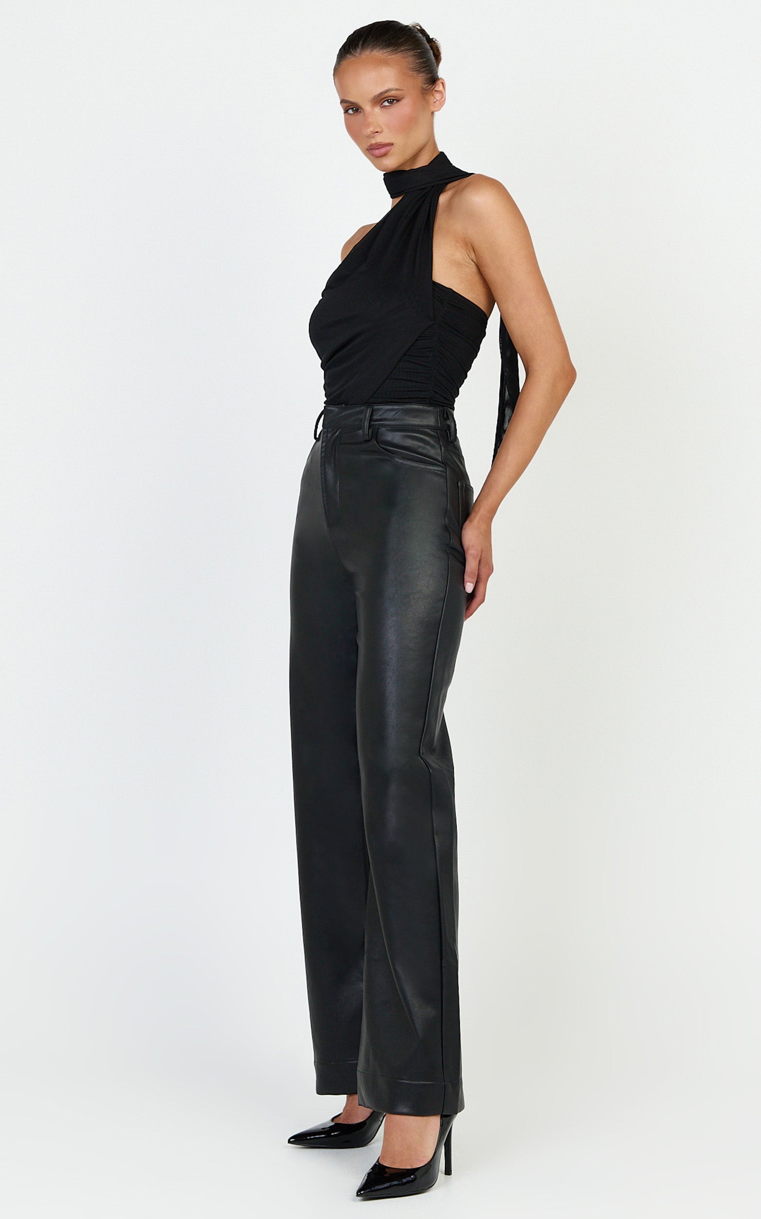 Lucienne Bodysuit - One Shoulder Draped Scarf Bodysuit in Black