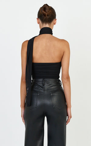 Lucienne Bodysuit - One Shoulder Draped Scarf Bodysuit in Black