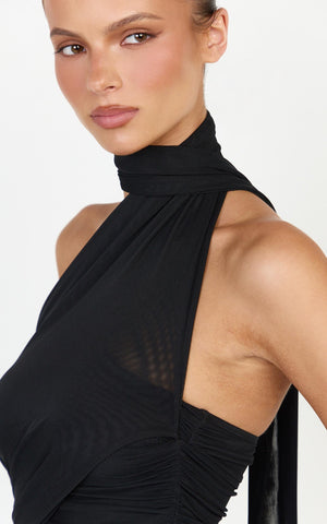 Lucienne Bodysuit - One Shoulder Draped Scarf Bodysuit in Black