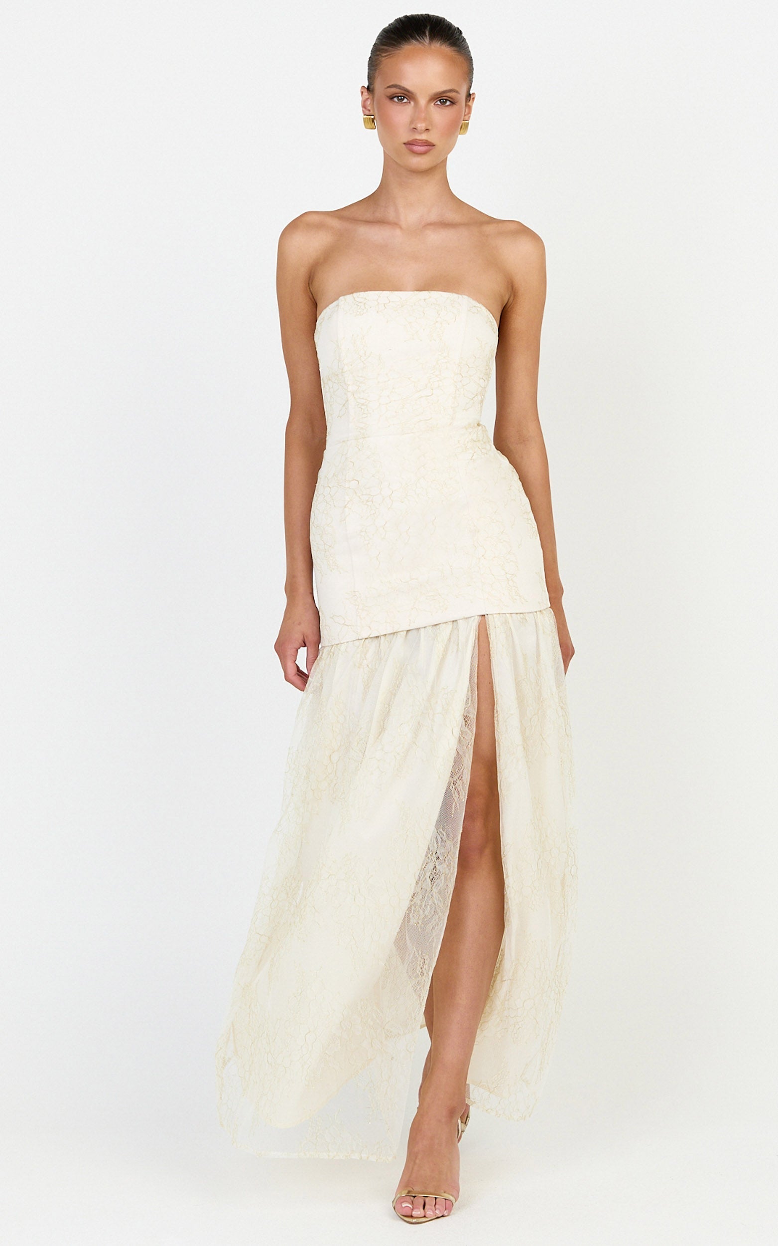 Brielle Maxi Dress - Strapless Gathered Fit & Flare Lace Dress in Champagne