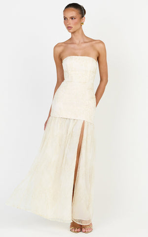 Brielle Maxi Dress - Strapless Gathered Fit & Flare Lace Dress in Champagne