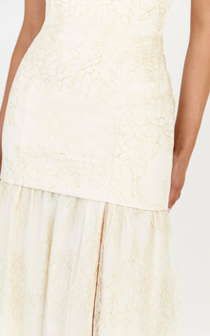 Brielle Maxi Dress - Strapless Gathered Fit & Flare Lace Dress in Champagne