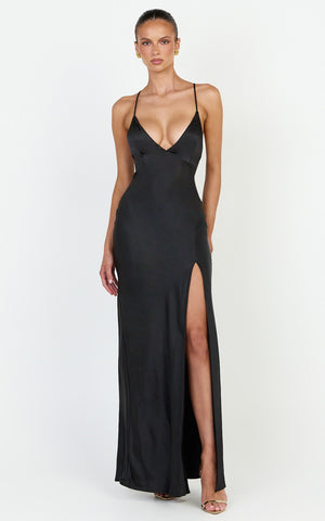 Georgie Maxi Dress - Satin V Neck Bias Cut Slip Dress in Black
