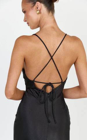 Georgie Maxi Dress - Satin V Neck Bias Cut Slip Dress in Black