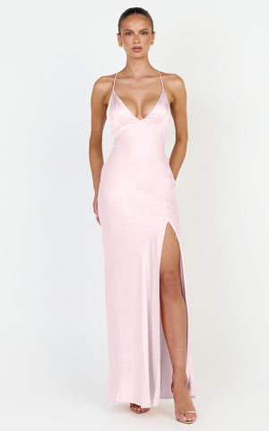 Georgie Maxi Dress - Satin V Neck Bias Cut Slip Dress in Pink