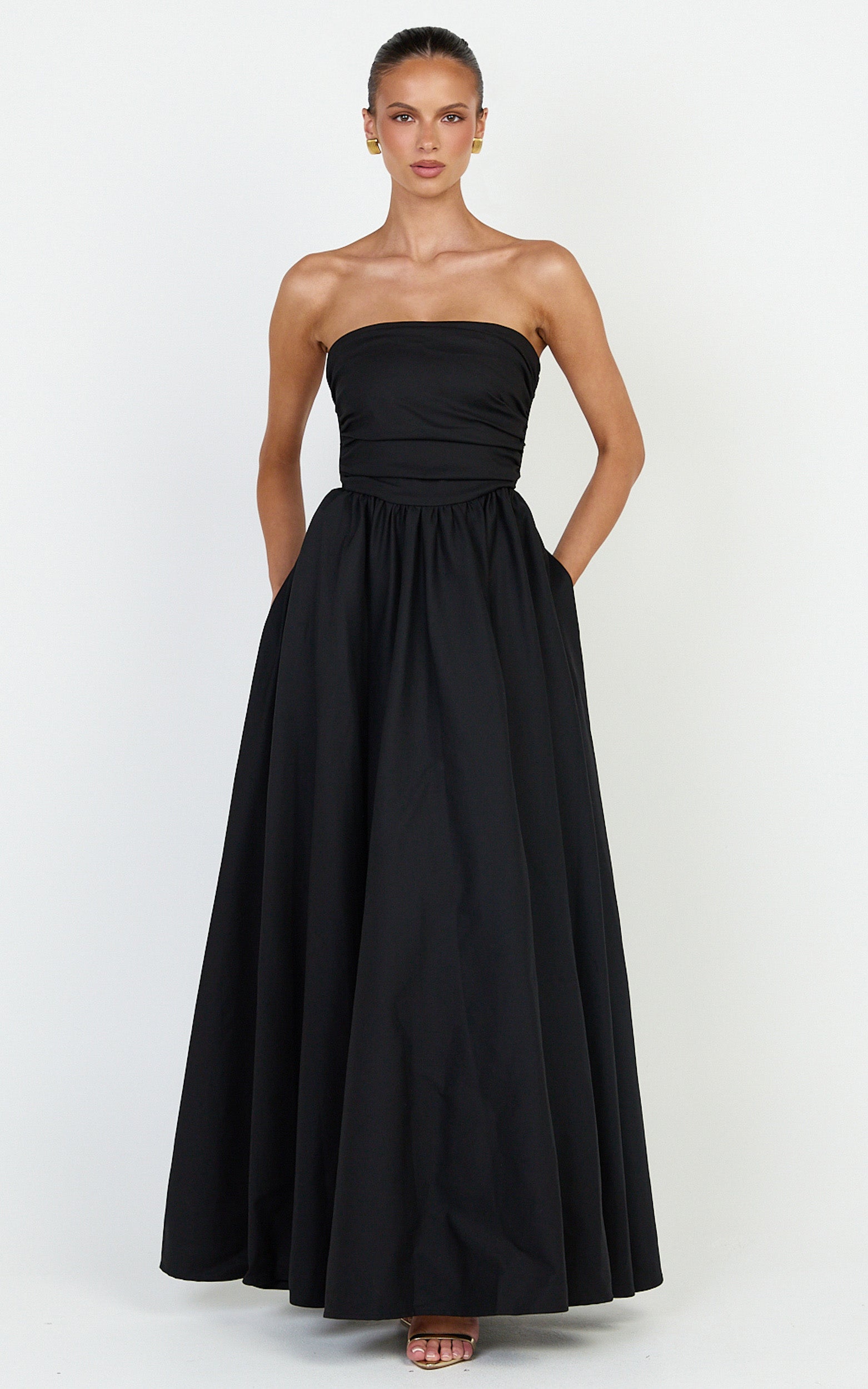 Gia Maxi Dress - Gathered Bodice Fit And Flare Dress in Black