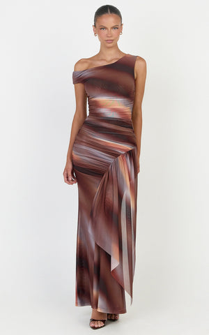 Lucienne Maxi Dress - Asymmetric Neckline Gathered Draped Sash Dress in Aurora Print