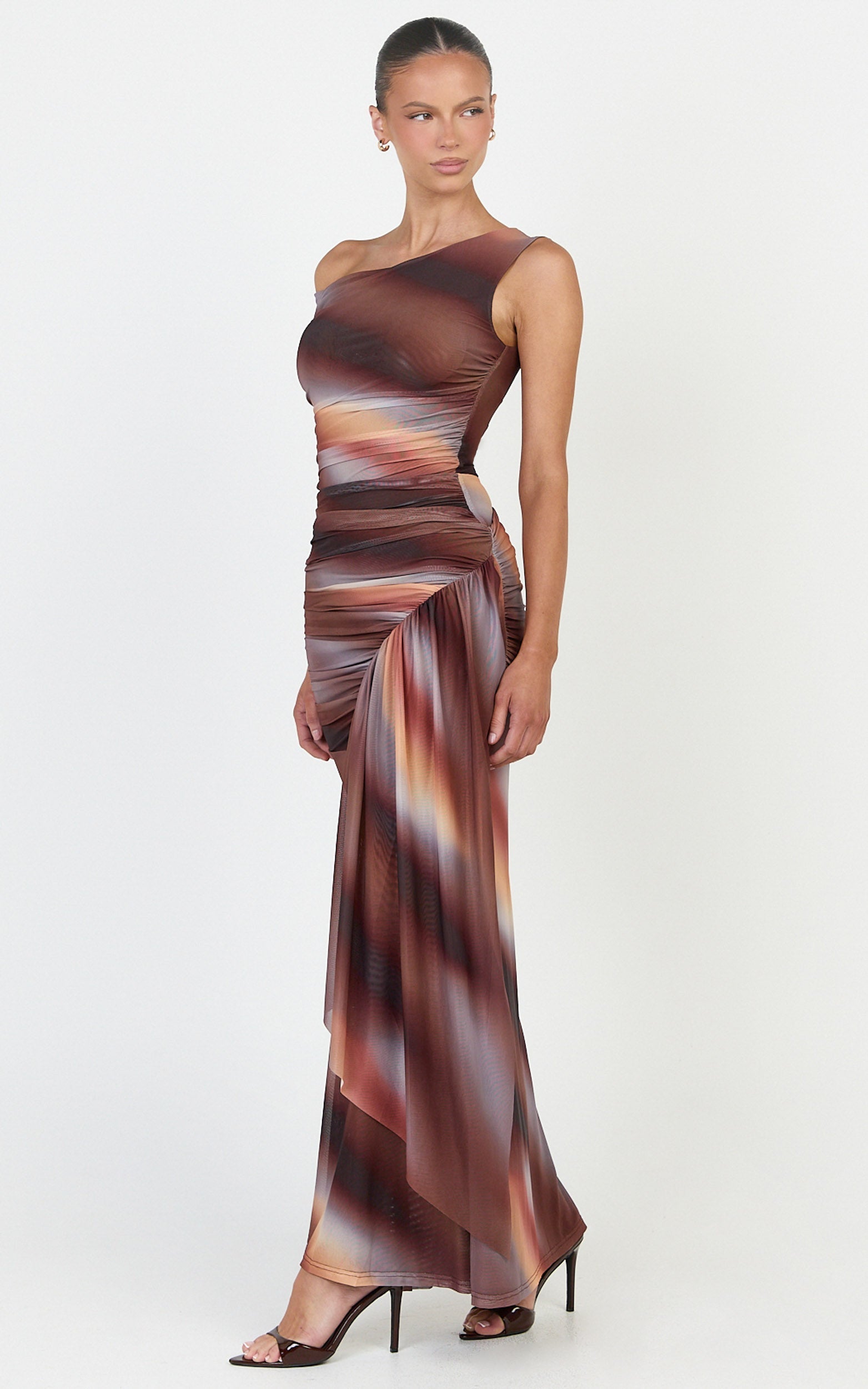 Lucienne Maxi Dress - Asymmetric Neckline Gathered Draped Sash Dress in Aurora Print