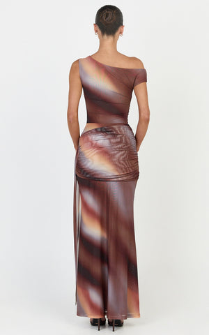 Lucienne Maxi Dress - Asymmetric Neckline Gathered Draped Sash Dress in Aurora Print
