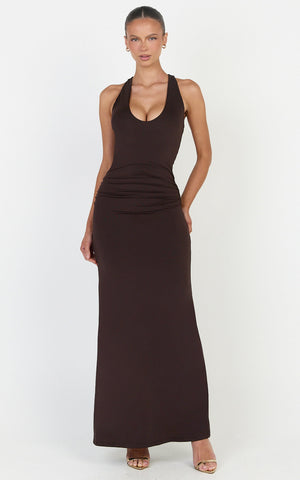 Sophie Maxi Dress - Plunge Neckline Ruched Waist Racer Back Dress in Chocolate