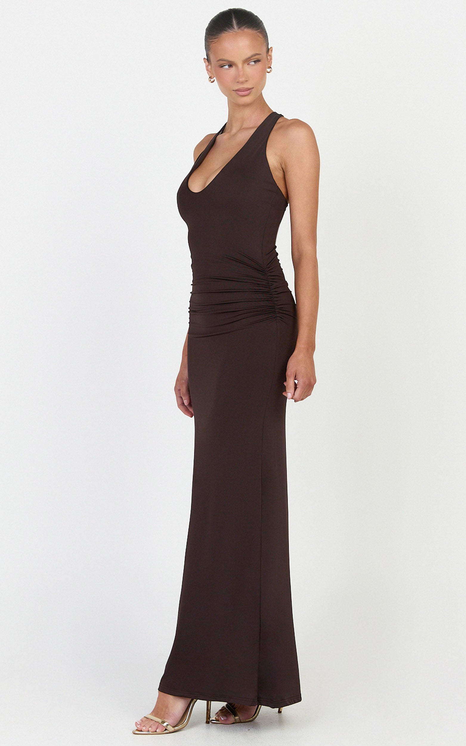 Sophie Maxi Dress - Plunge Neckline Ruched Waist Racer Back Dress in Chocolate