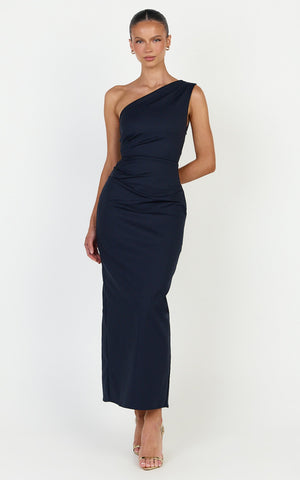 Karlie Midi Dress - One Shoulder Fitted Dress in Navy