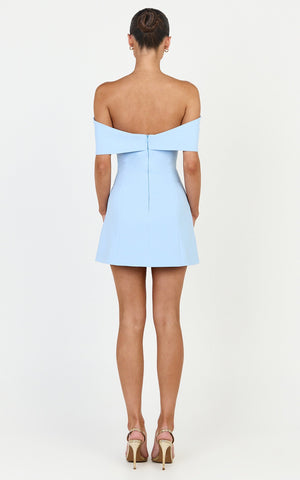 Thalia Mini Dress - Off Shoulder Bow Detail Dress in Light Blue