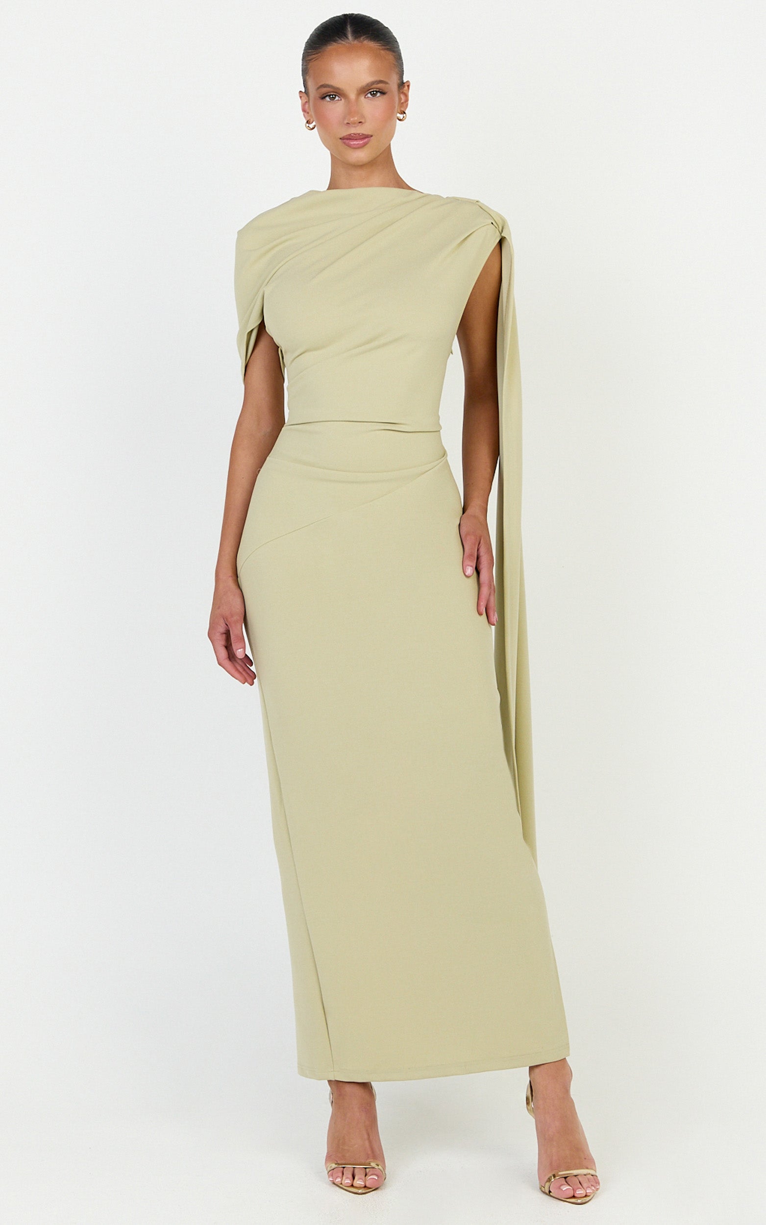 Visenta Midi Dress - Asymmetrical Sleeve Dress in Sage