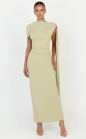Visenta Midi Dress - Asymmetrical Sleeve Dress in Sage