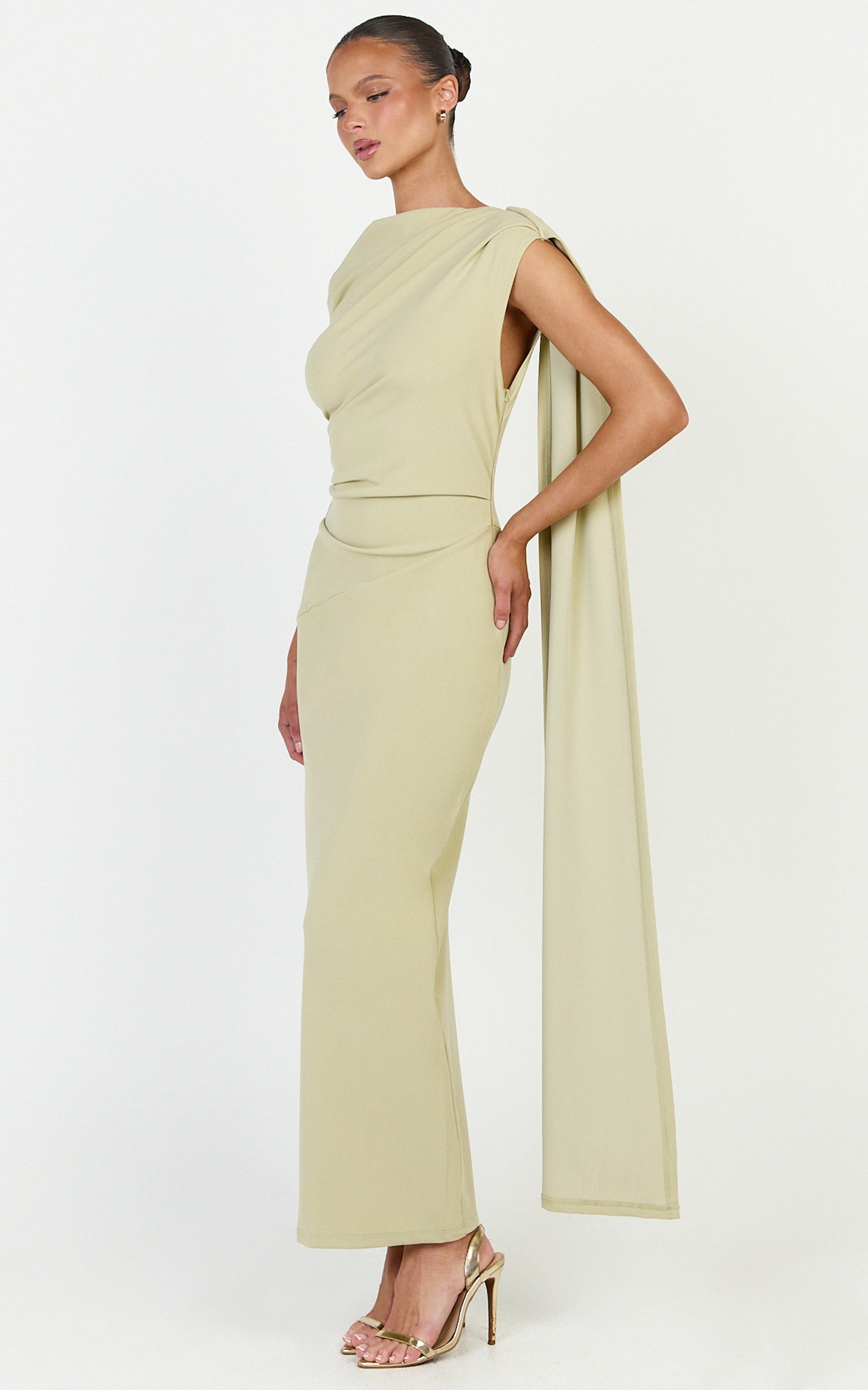 Visenta Midi Dress - Asymmetrical Sleeve Dress in Sage