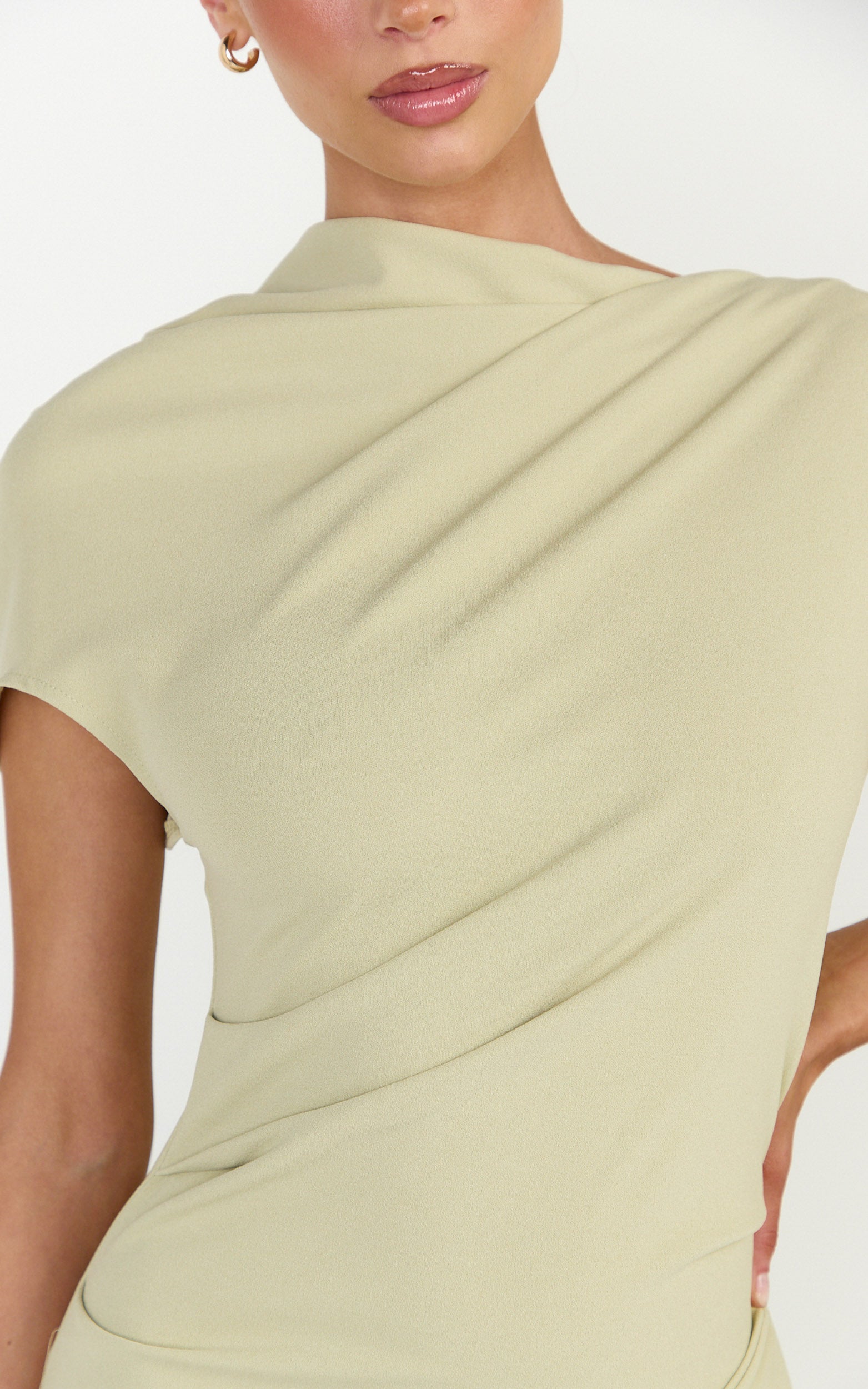 Visenta Midi Dress - Asymmetrical Sleeve Dress in Sage