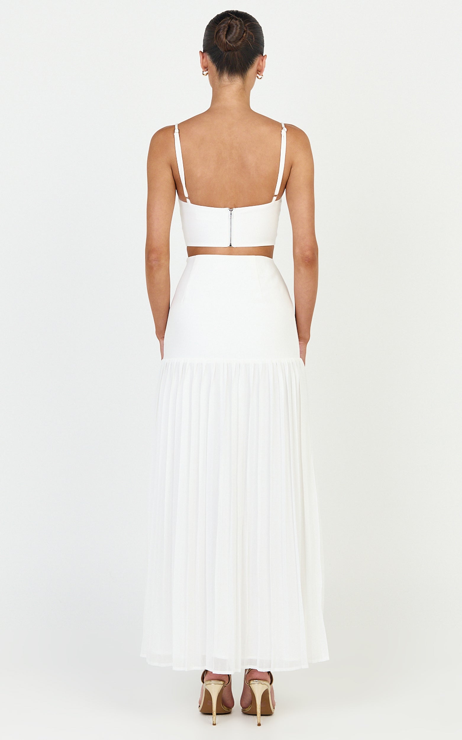 Rowan Two Piece Top and Skirt Set - Square Neck Crop Top and High Waist Pleated Maxi Skirt Set in Ivory