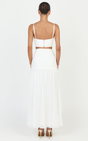 Rowan Two Piece Top and Skirt Set - Square Neck Crop Top and High Waist Pleated Maxi Skirt Set in Ivory
