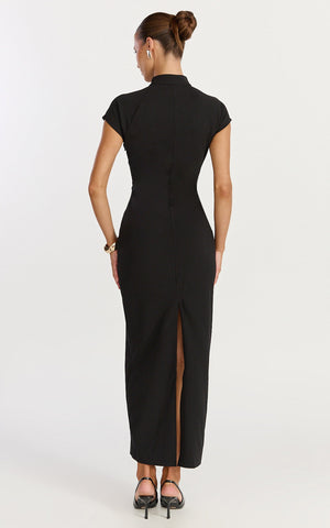 Cassienne Midi Dress - High Neck Keyhole Cut Out Bodycon Midi Dress in Black