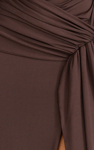 Coraline Maxi Dress - High Neck Sleeveless Draped Sash Dress in Chocolate