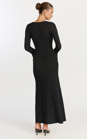 Michelle Maxi Dress - Scoop Neck Flute Sleeve Knit Maxi Dress in Black