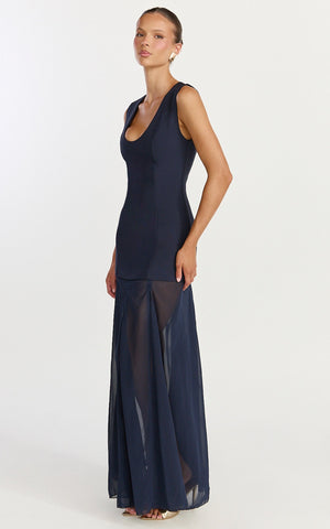 Frances Maxi Dress - Contrast U Neck Godet A Line Dress in Navy