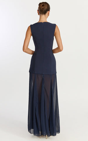 Frances Maxi Dress - Contrast U Neck Godet A Line Dress in Navy