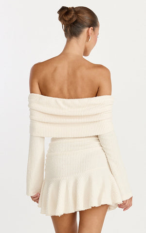 Maeve Mini Dress - Off Shoulder Long Sleeve Fit And Flare Mini Dress in Cream